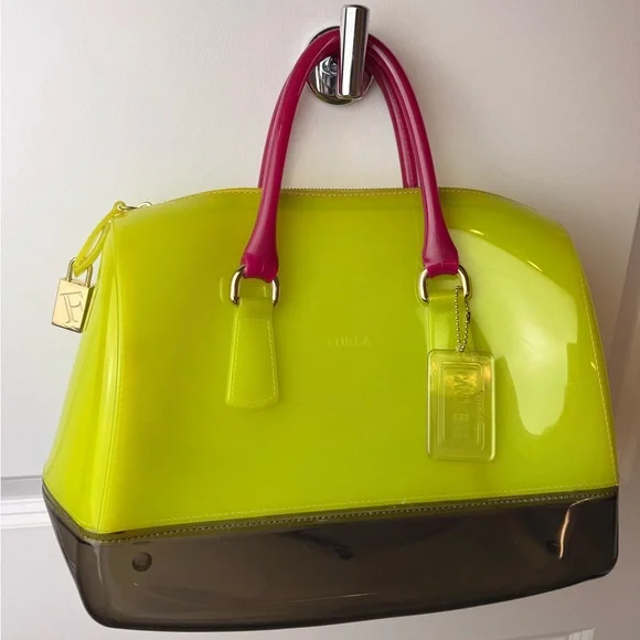 Furla Candy Bag Neon Multicolor Jelly Satchel Rubber Rare Padlock Italy - Picture 2 of 14